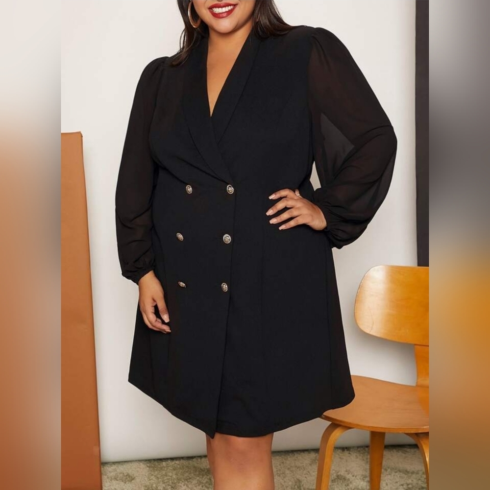 PatPat Black Double-Breasted Puff Sleeve Dress